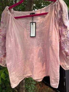 Embroidered Puff-Sleeve Pink Blouse by